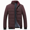 Men's Quilted Padded Stand-Collar Zip-Through Puffer Coat - Burgundy
