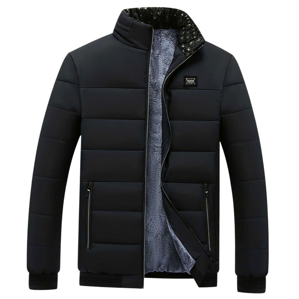 Men's Quilted Padded Stand-Collar Zip-Through Puffer Coat - Black