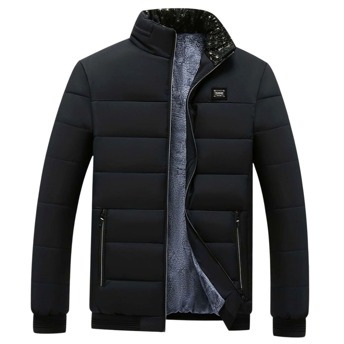 Men's Quilted Padded Stand-Collar Zip-Through Puffer Coat - Black