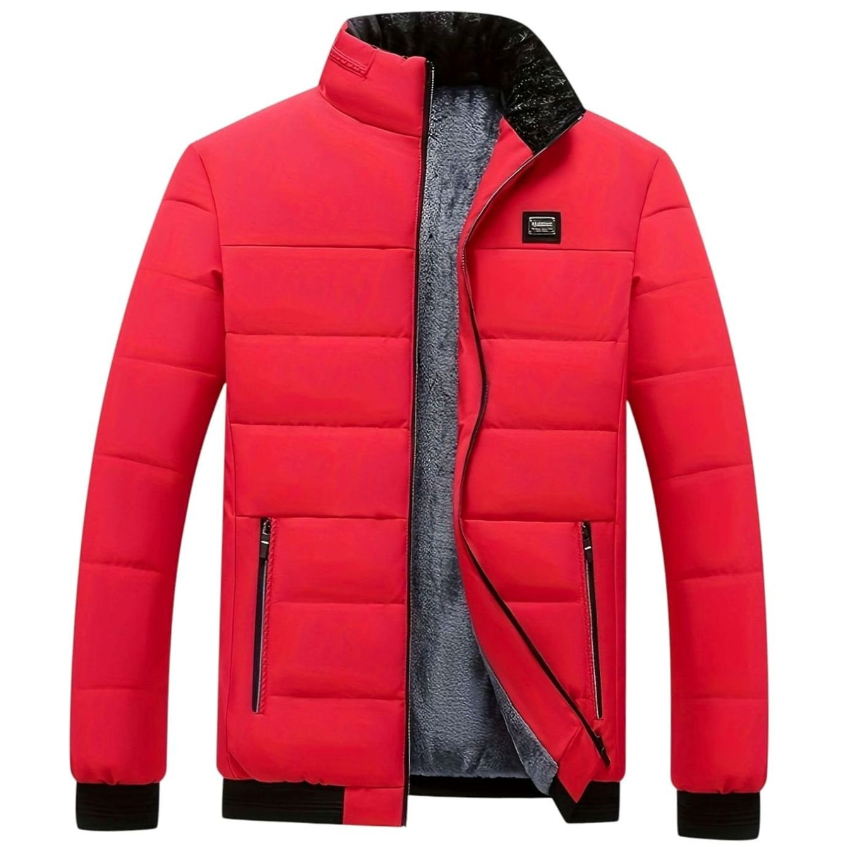 Men's Quilted Padded Stand-Collar Zip-Through Puffer Coat - Red