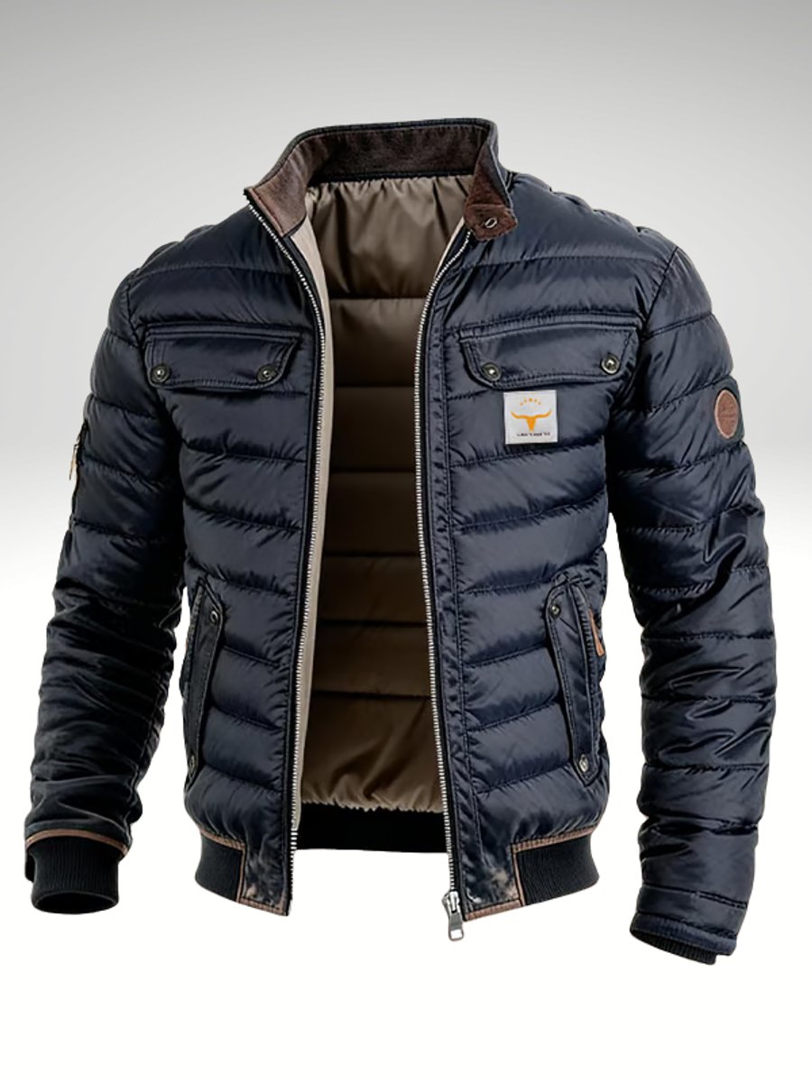 Mens Quilted Puffer Jacket Stand Collar Full Zip - Navy Blue