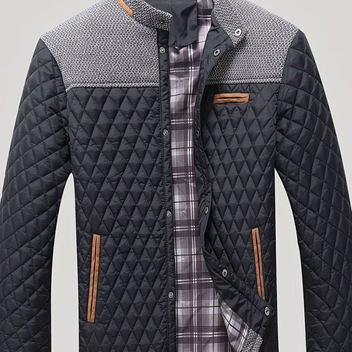 Men's Quilted Stand-Collar Button-Front Jacket - Black