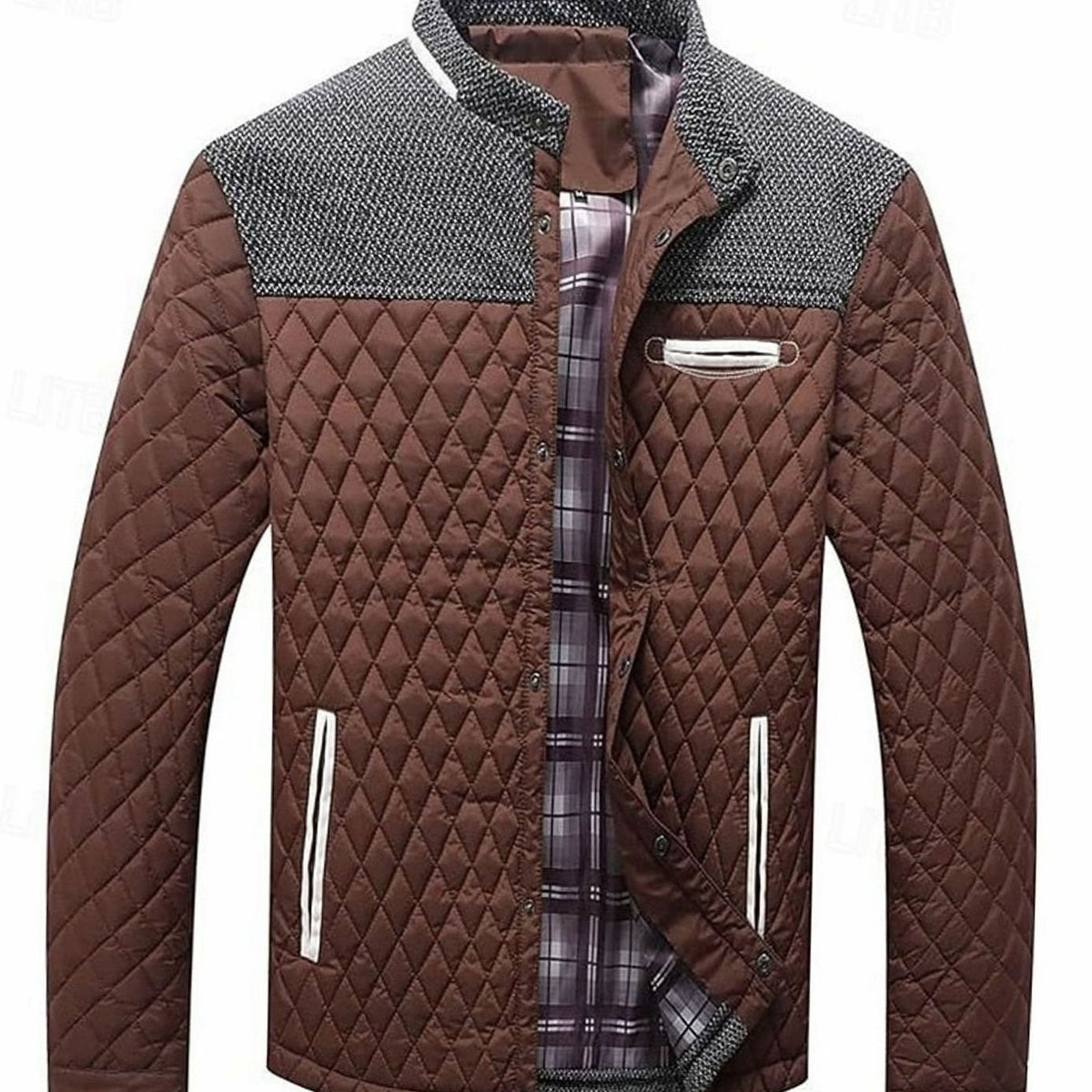 Men's Quilted Stand-Collar Button-Front Jacket, Khaki - Brown