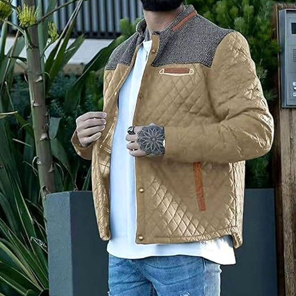 Men's Quilted Stand-Collar Button-Front Jacket, Khaki
