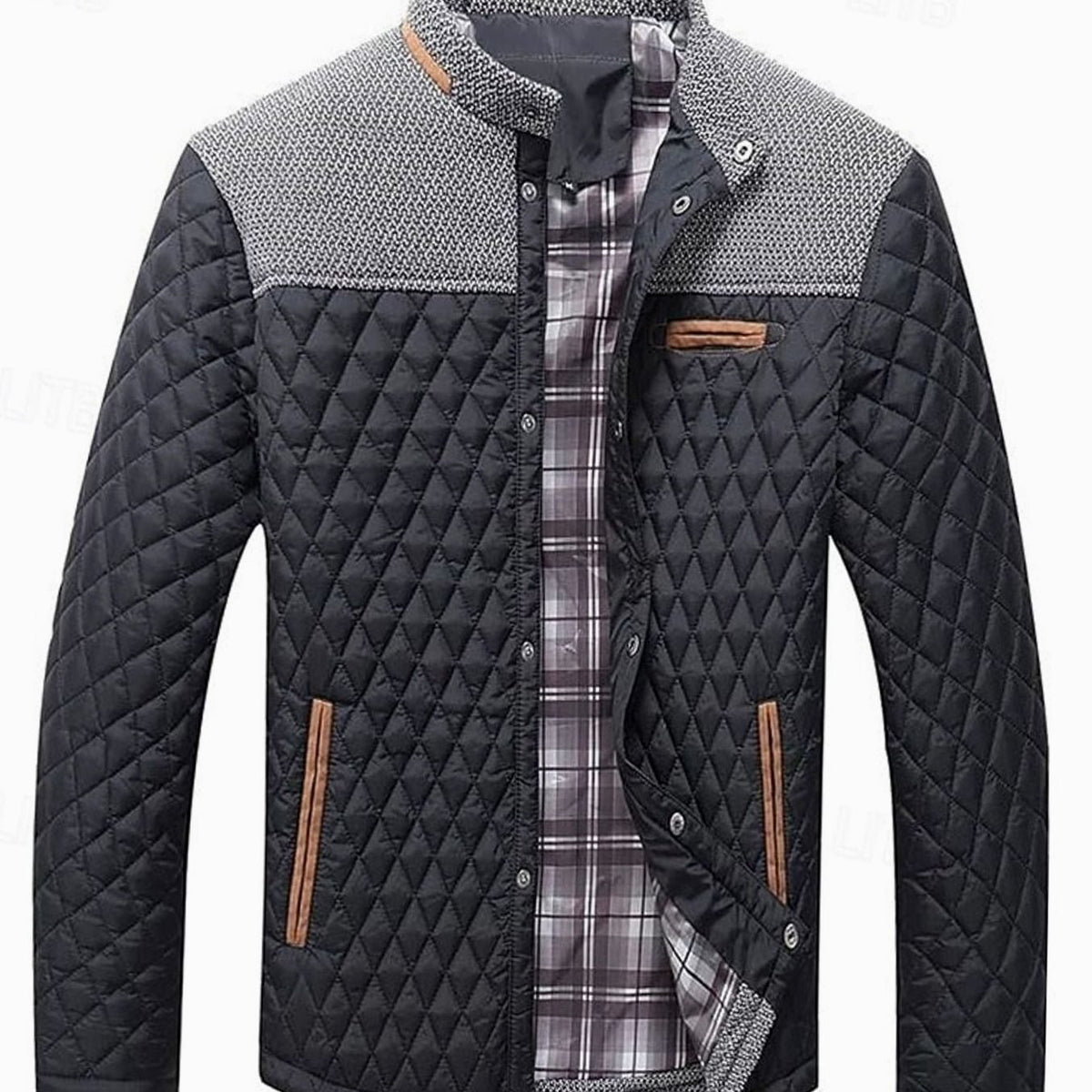 Men's Quilted Stand-Collar Button-Front Jacket, Khaki - Black