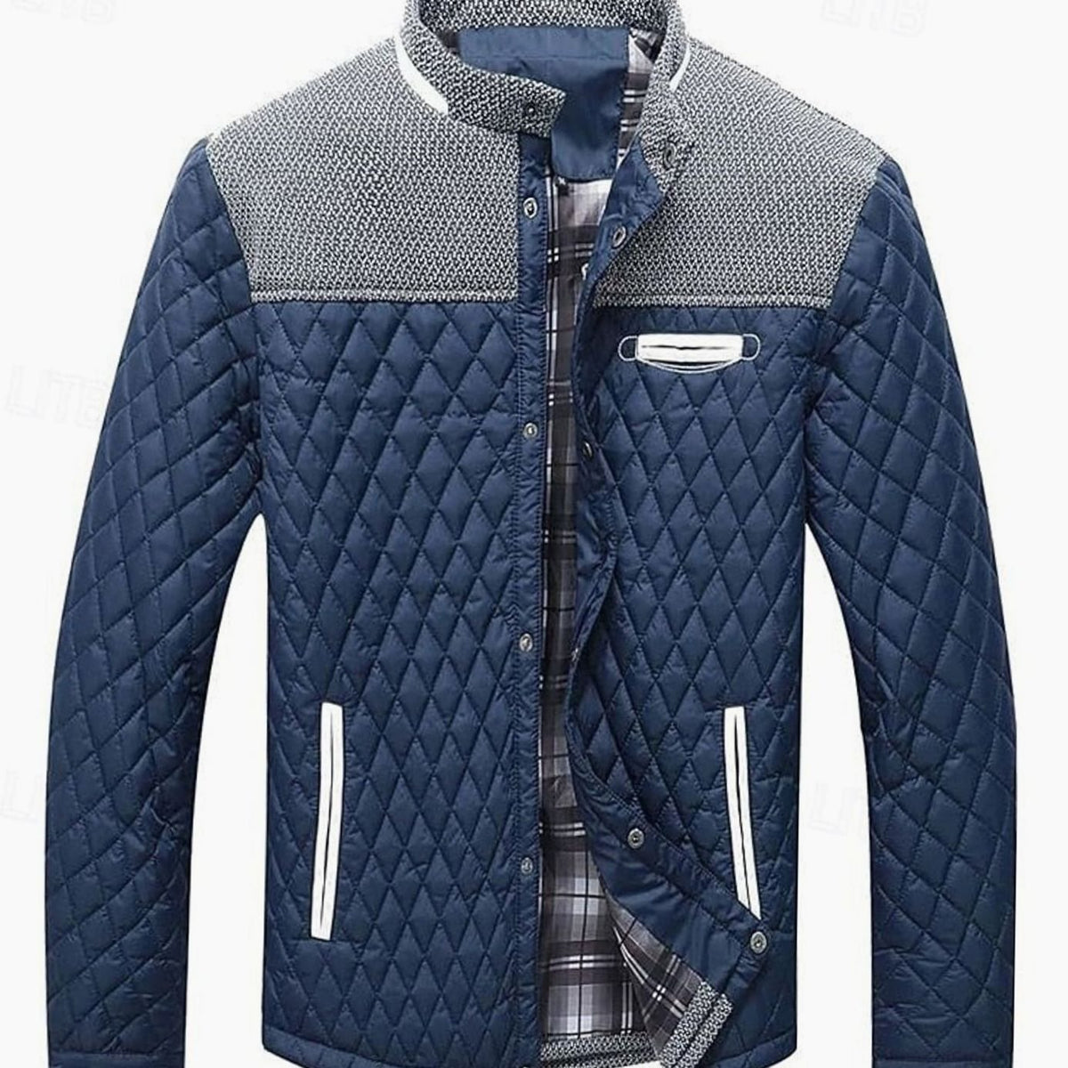 Men's Quilted Stand-Collar Button-Front Jacket, Khaki - Navy Blue