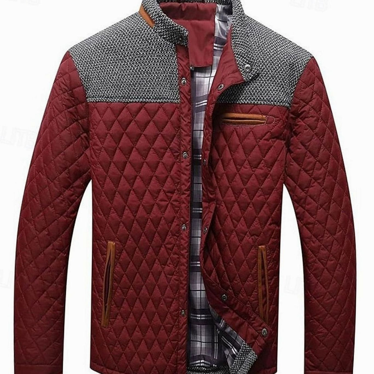 Men's Quilted Stand-Collar Button-Front Jacket, Khaki - Wine