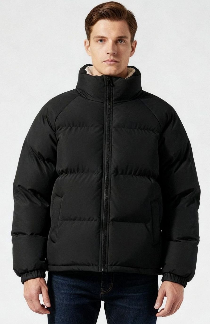 Men's Quilted Zip-Up Insulated Puffer Jacket High Funnel Neck - Black