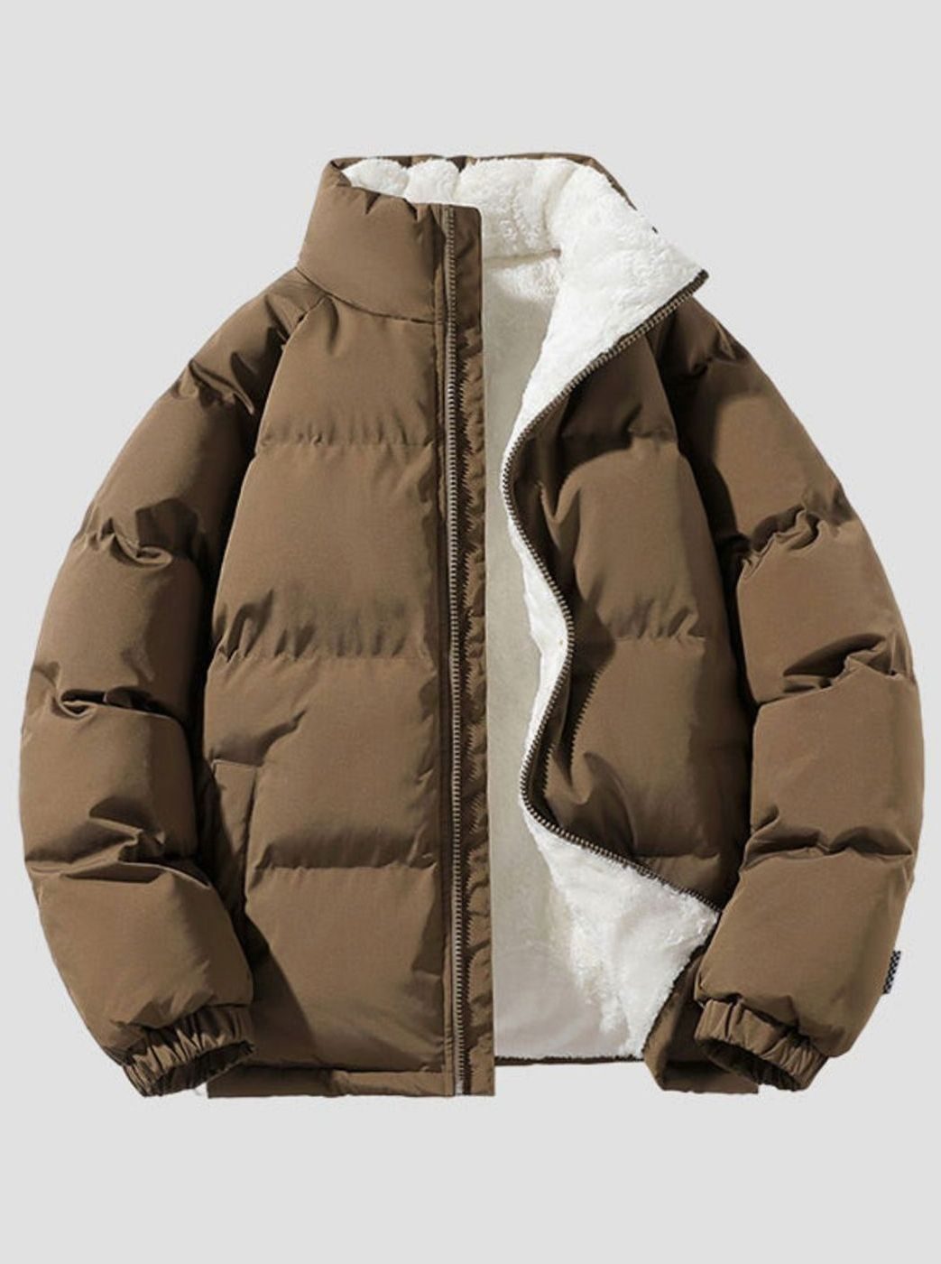Men's Quilted Zip-Up Insulated Puffer Jacket High Funnel Neck - Brown
