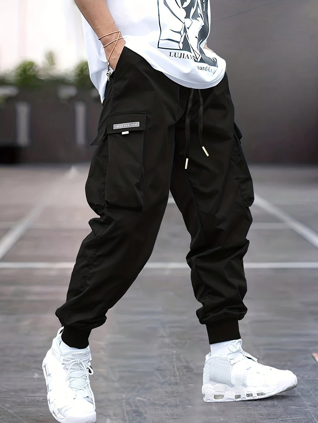 Men's Relaxed-Fit Drawstring Cargo Jogger Pants Ribbed Ankle Cuffs - Black