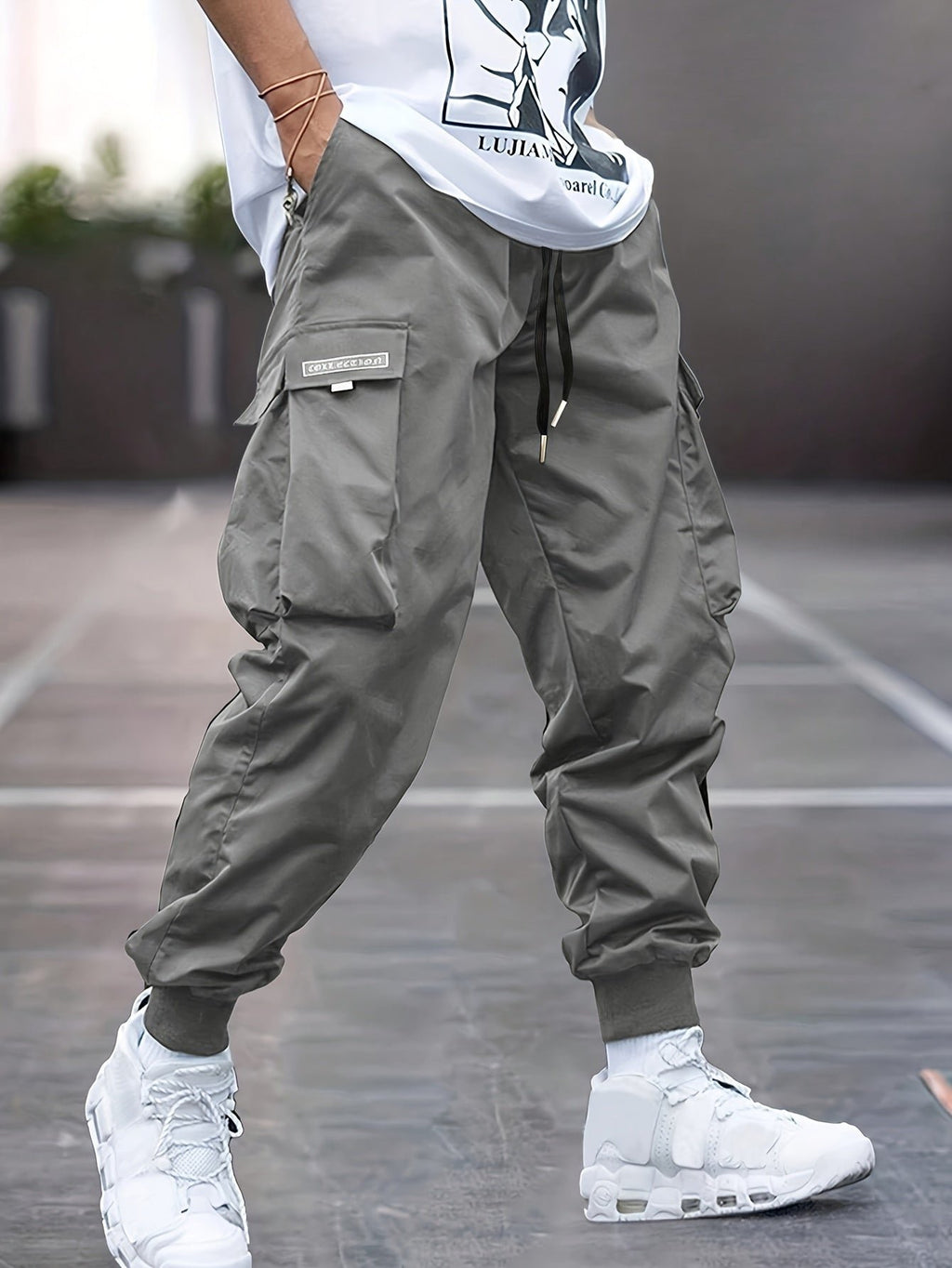 Men's Relaxed-Fit Drawstring Cargo Jogger Pants Ribbed Ankle Cuffs - Gray
