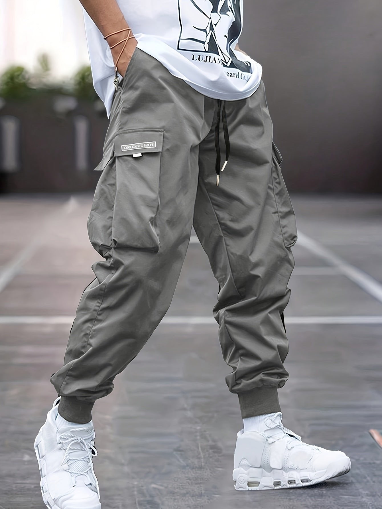 Men's Relaxed-Fit Drawstring Cargo Jogger Pants Ribbed Ankle Cuffs - Gray