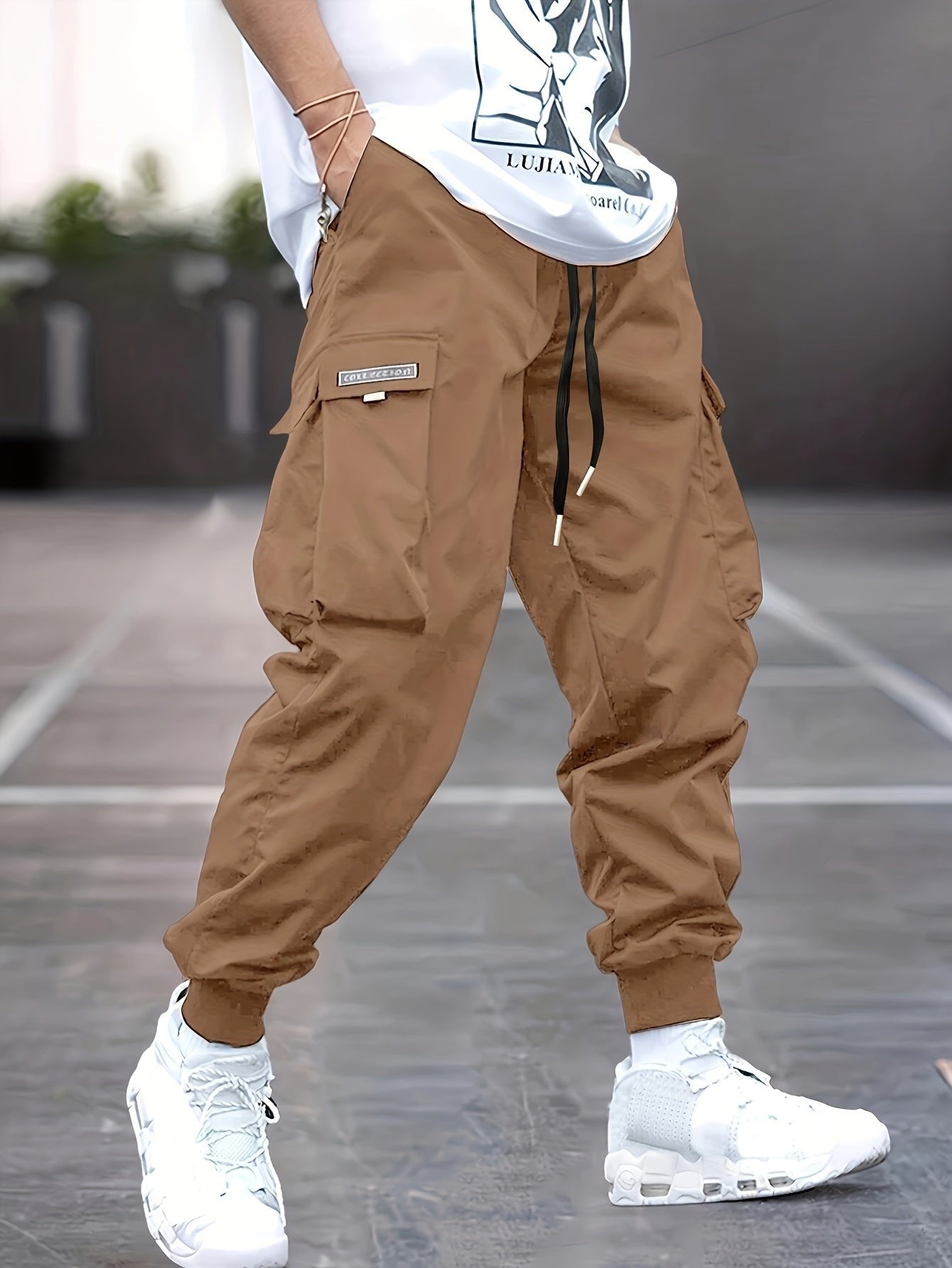 Men's Relaxed-Fit Drawstring Cargo Jogger Pants Ribbed Ankle Cuffs - Khaki