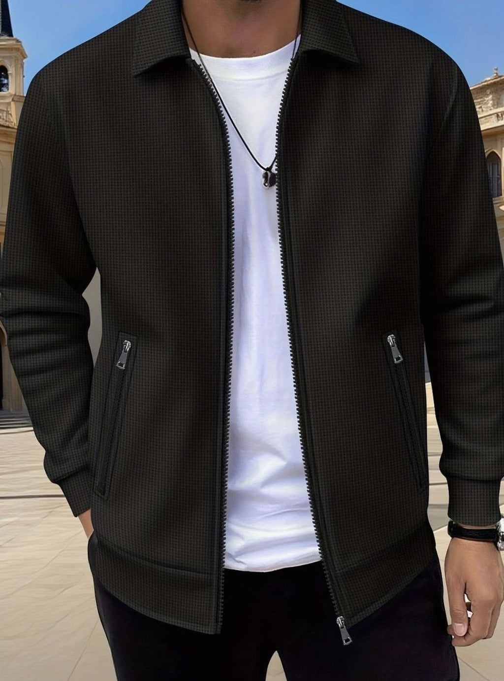 Men's Relaxed-Fit Full-Zip Collared Jacket Coat - Black
