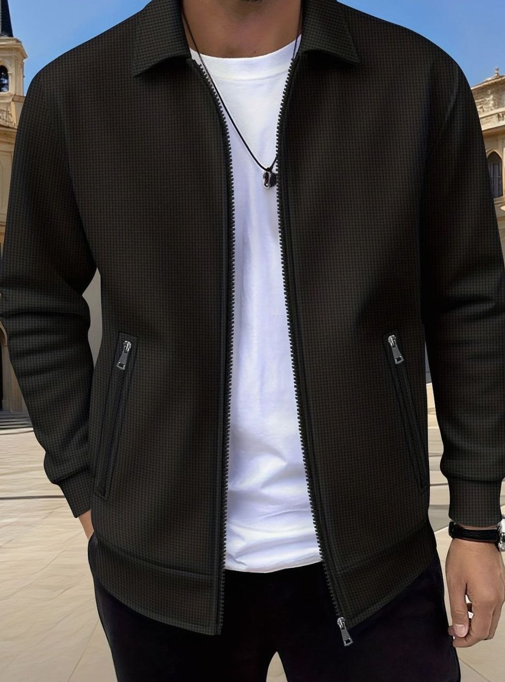Men's Relaxed-Fit Full-Zip Collared Jacket Coat - Black