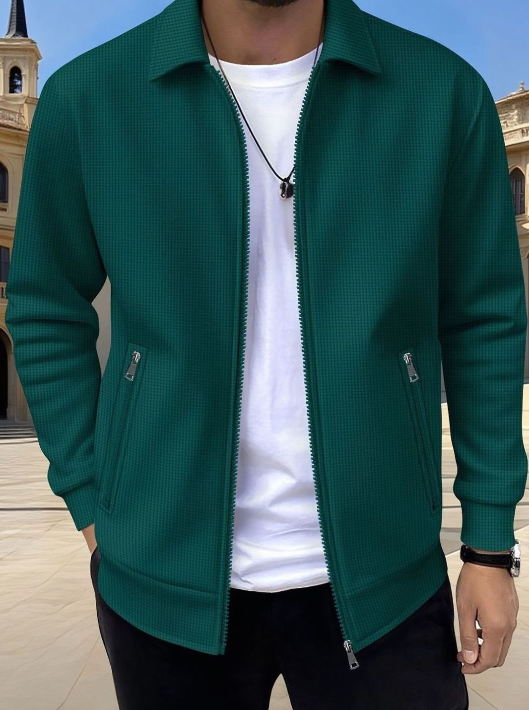 Men's Relaxed-Fit Full-Zip Collared Jacket Coat - Dark Green