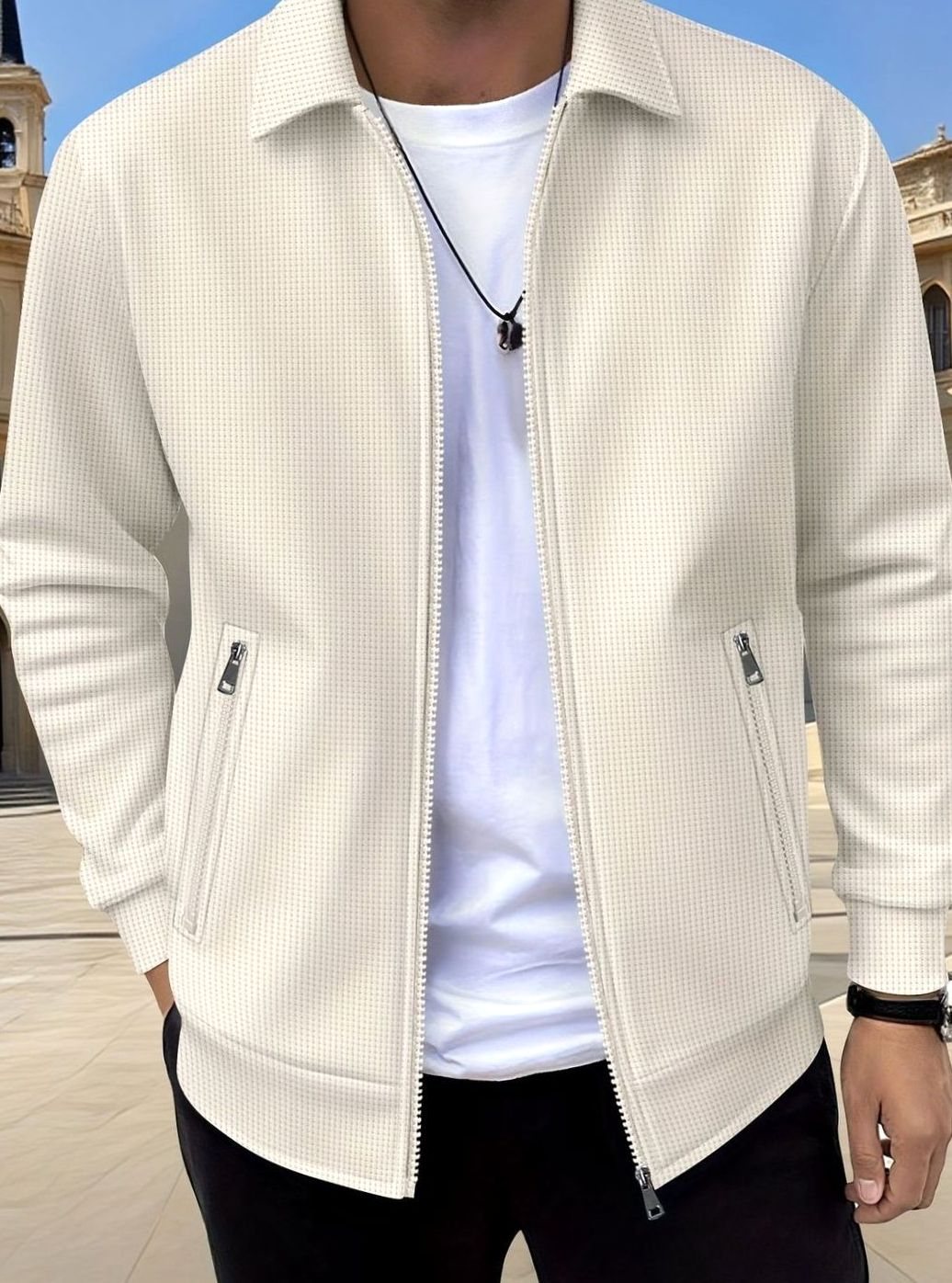 Men's Relaxed-Fit Full-Zip Collared Jacket Coat - White