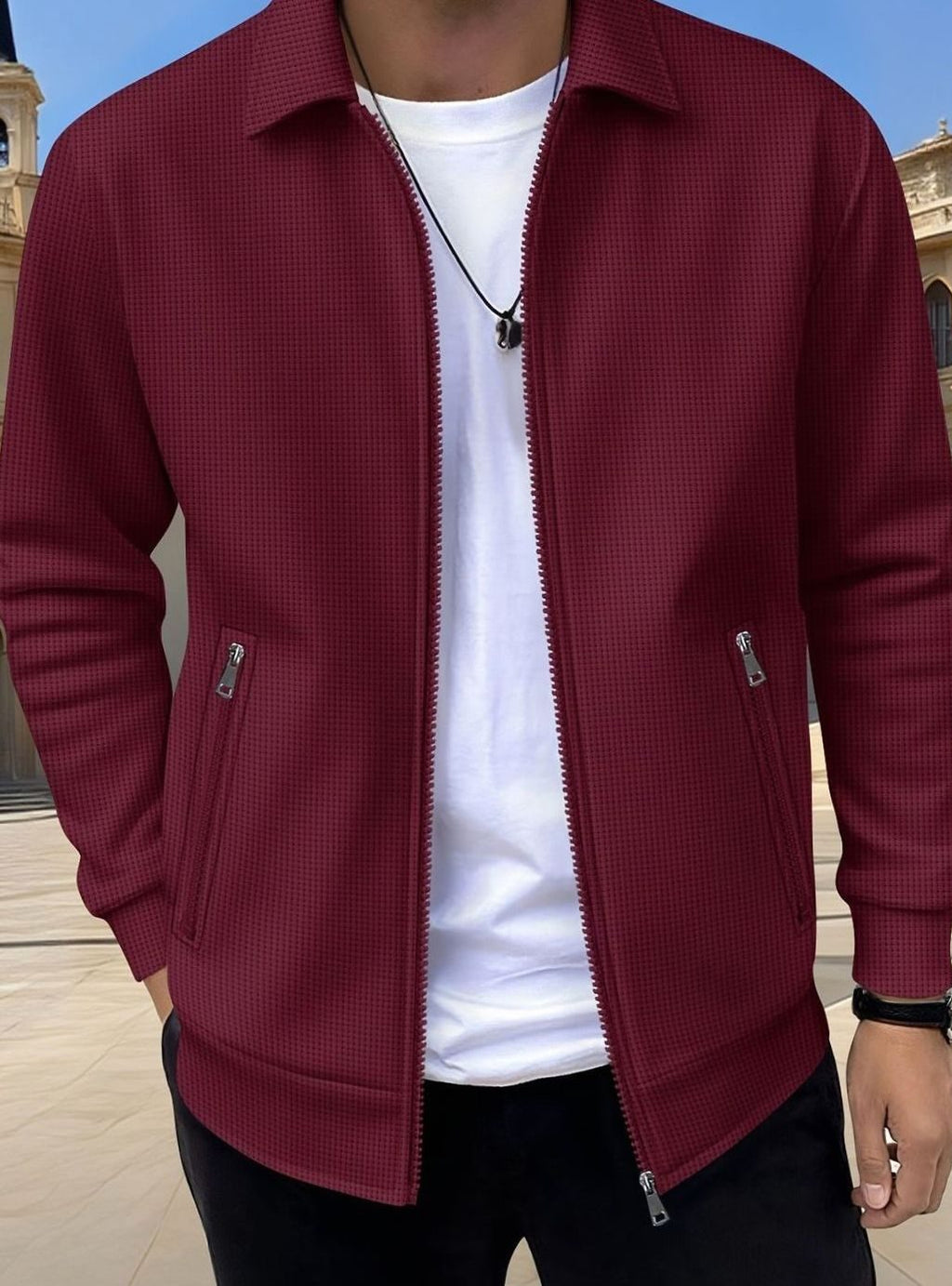 Men's Relaxed-Fit Full-Zip Collared Jacket Coat - Burgundy