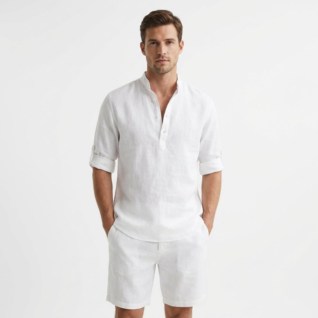 Men's Relaxed-Fit Linen Mandarin Collar Henley Shirt - Blanco