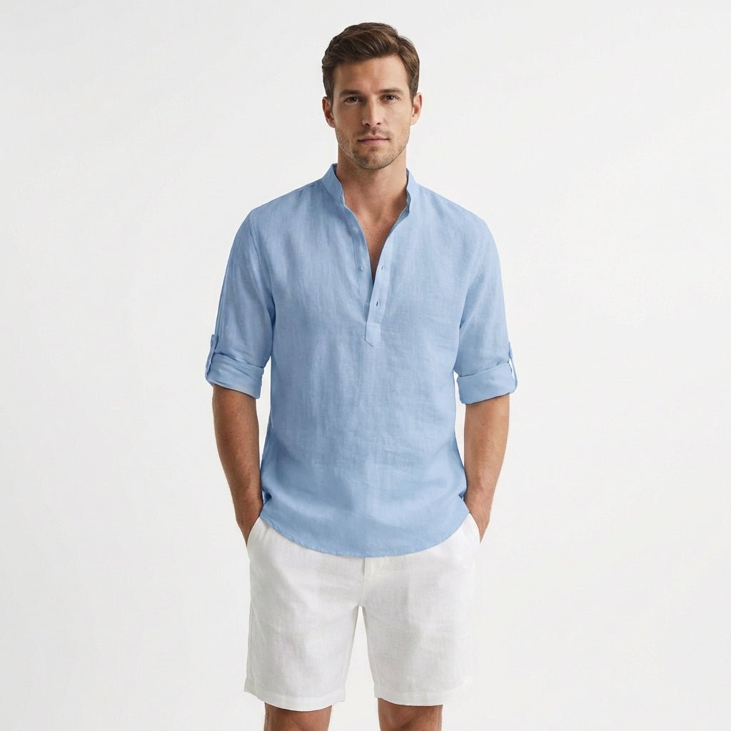 Men's Relaxed-Fit Linen Mandarin Collar Henley Shirt - Azul Claro