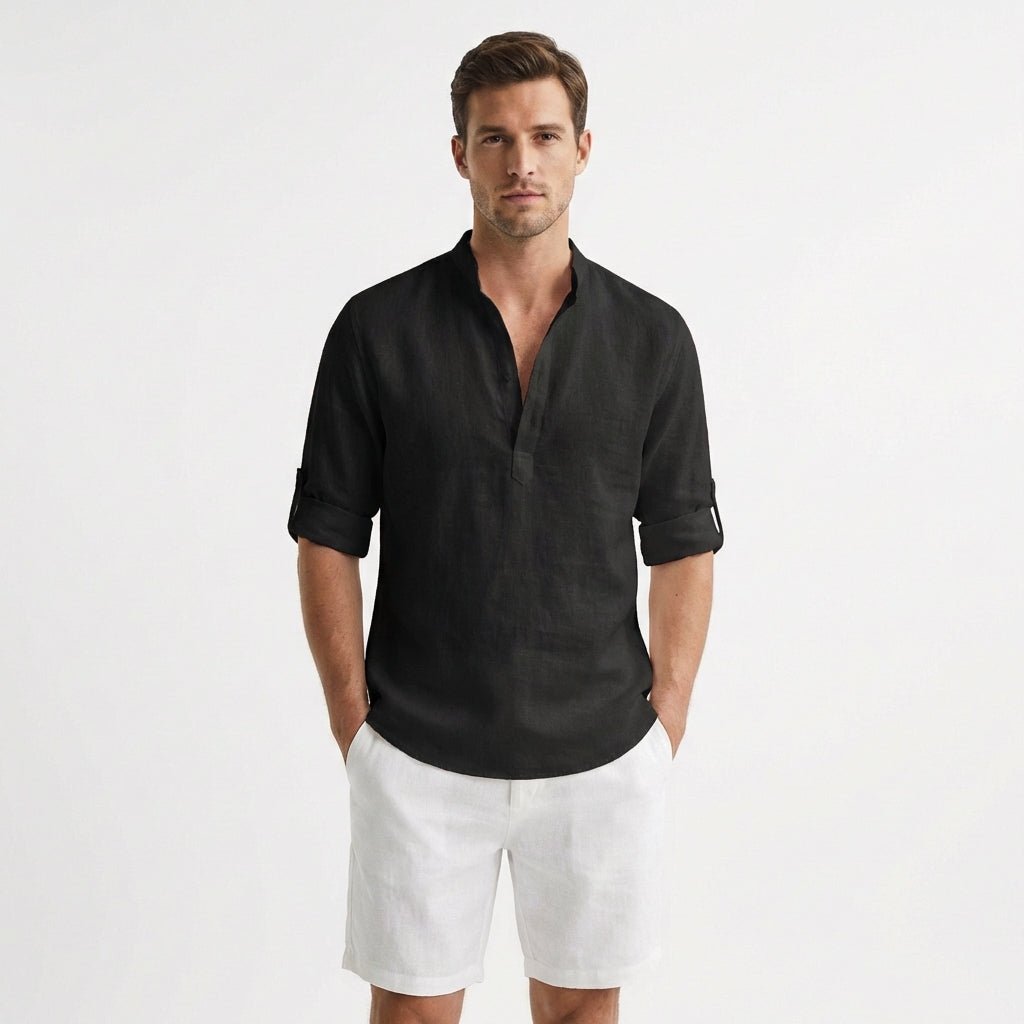Men's Relaxed-Fit Linen Mandarin Collar Henley Shirt - Negro