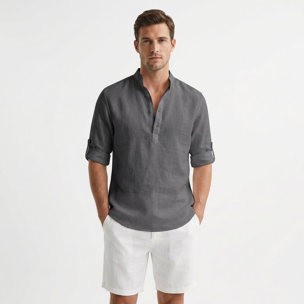 Men's Relaxed-Fit Linen Mandarin Collar Henley Shirt - Gris