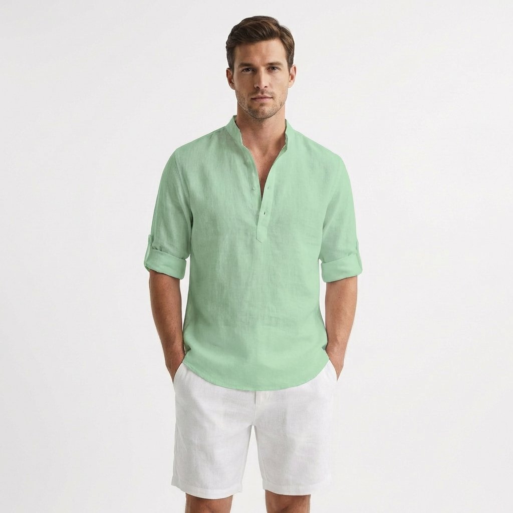 Men's Relaxed-Fit Linen Mandarin Collar Henley Shirt - Verde menta