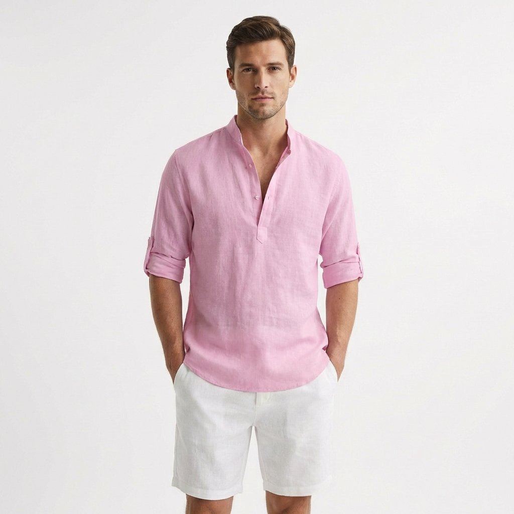 Men's Relaxed-Fit Linen Mandarin Collar Henley Shirt - Rosa
