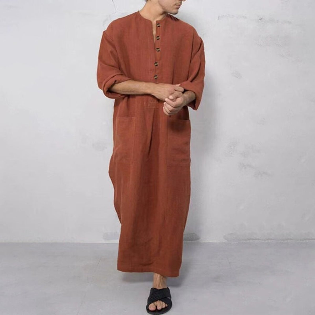 Men's Relaxed-Fit Long Linen Button-Front Tunic Kaftan