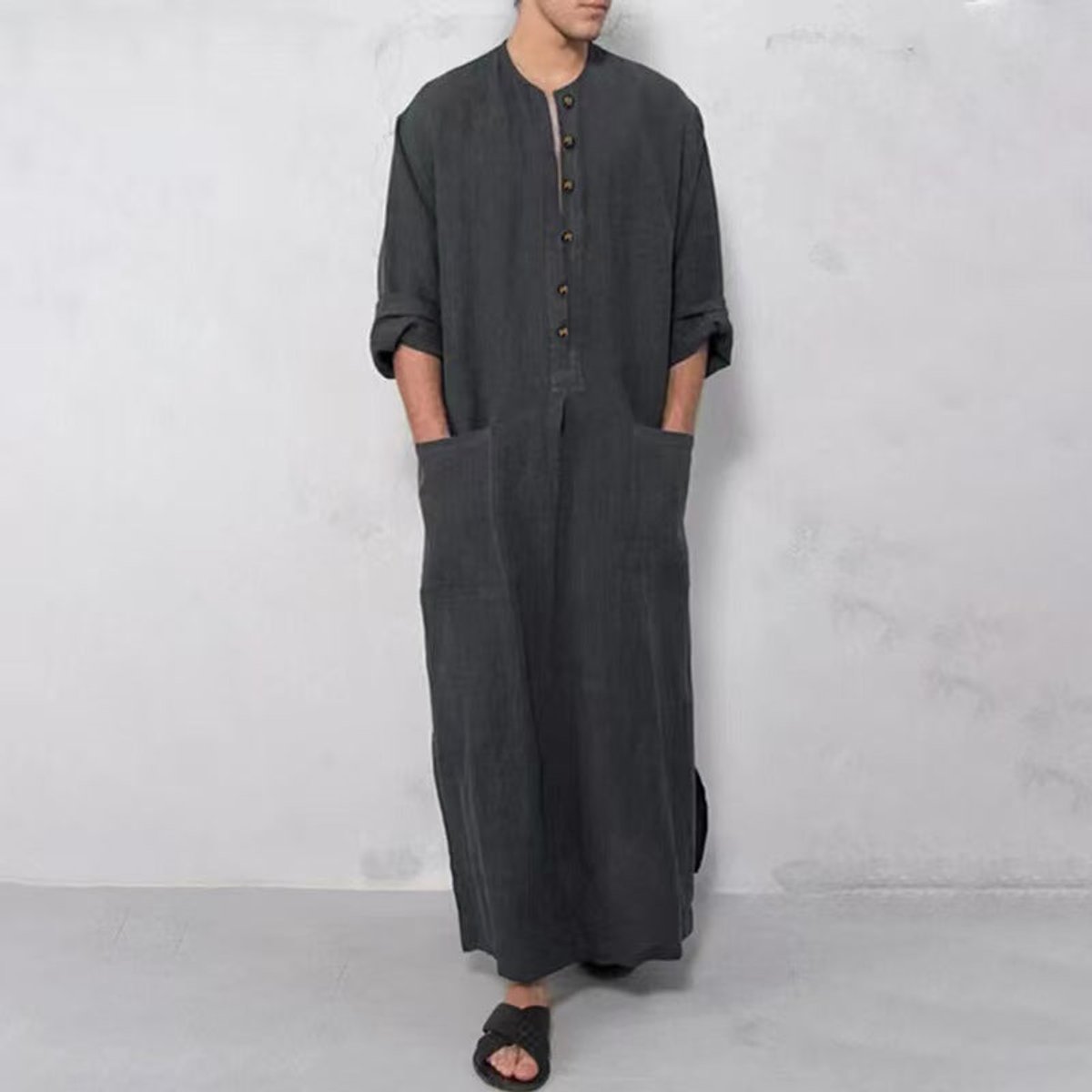 Men's Relaxed-Fit Long Linen Button-Front Tunic Kaftan