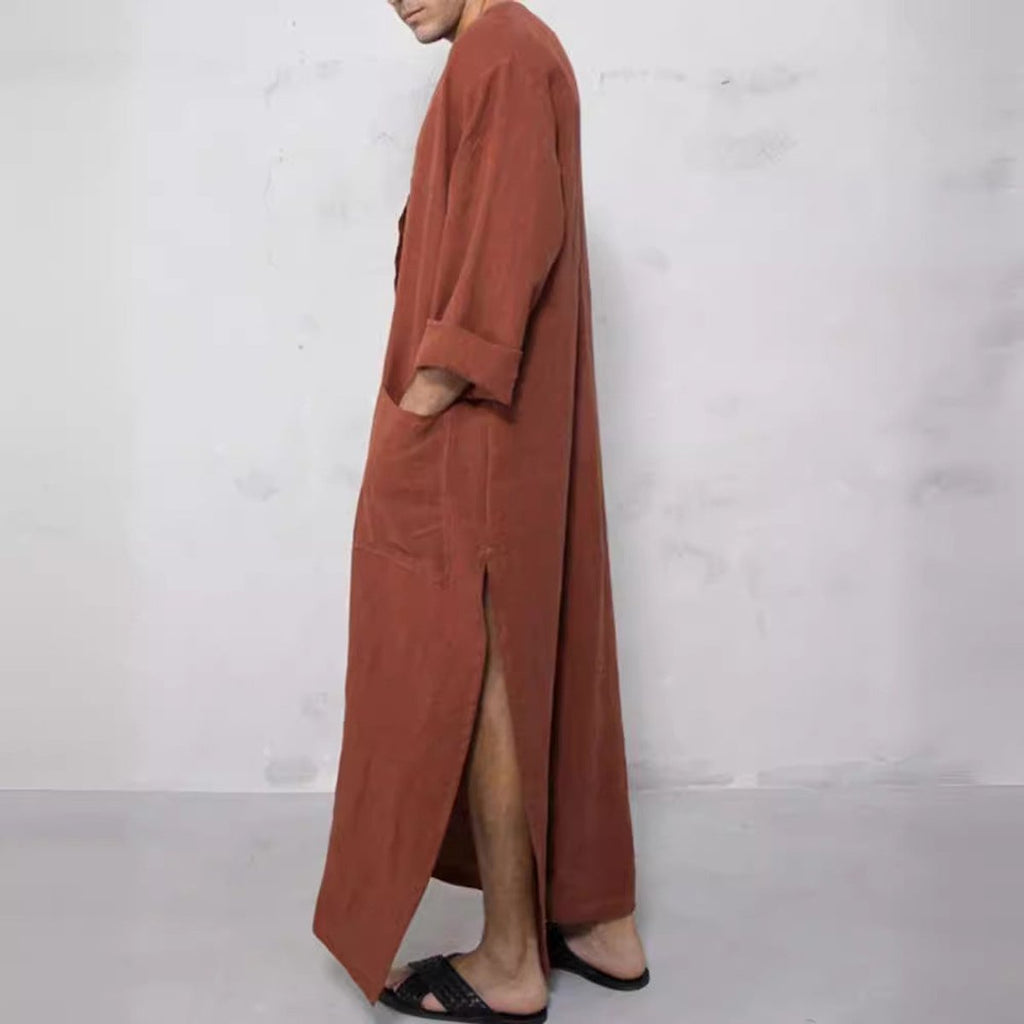 Men's Relaxed-Fit Long Linen Button-Front Tunic Kaftan