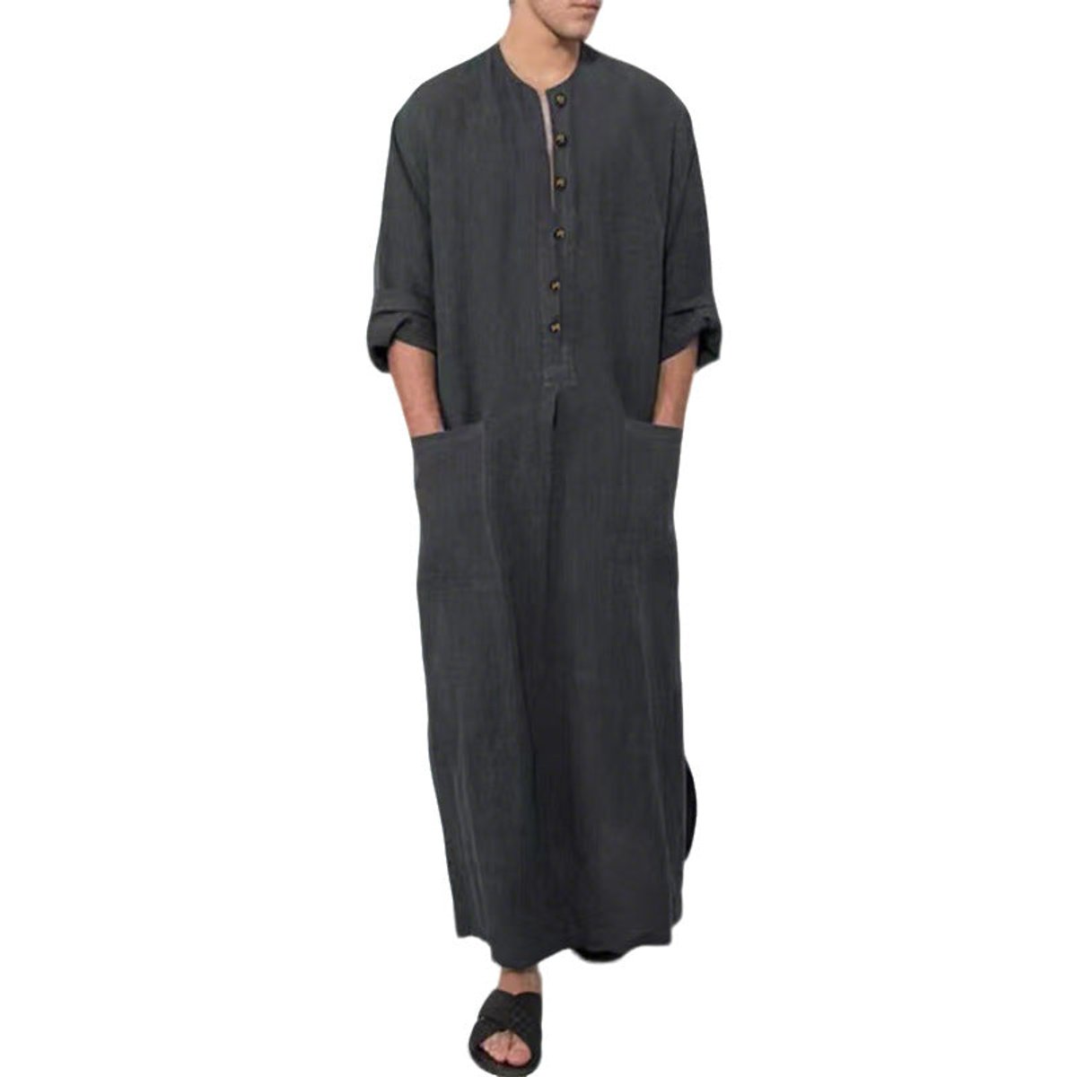 Men's Relaxed-Fit Long Linen Button-Front Tunic Kaftan - Grau