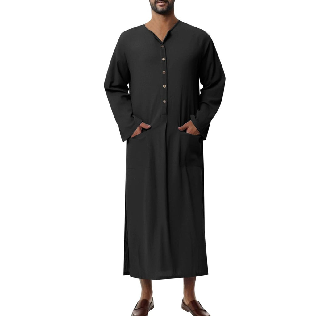 Men's Relaxed-Fit Long Linen Button-Front Tunic Kaftan - Schwarz