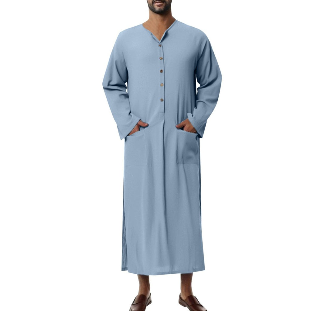 Men's Relaxed-Fit Long Linen Button-Front Tunic Kaftan - Hellblau
