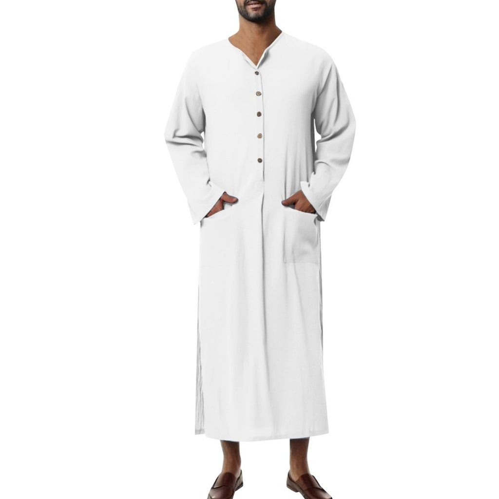 Men's Relaxed-Fit Long Linen Button-Front Tunic Kaftan - Weiß