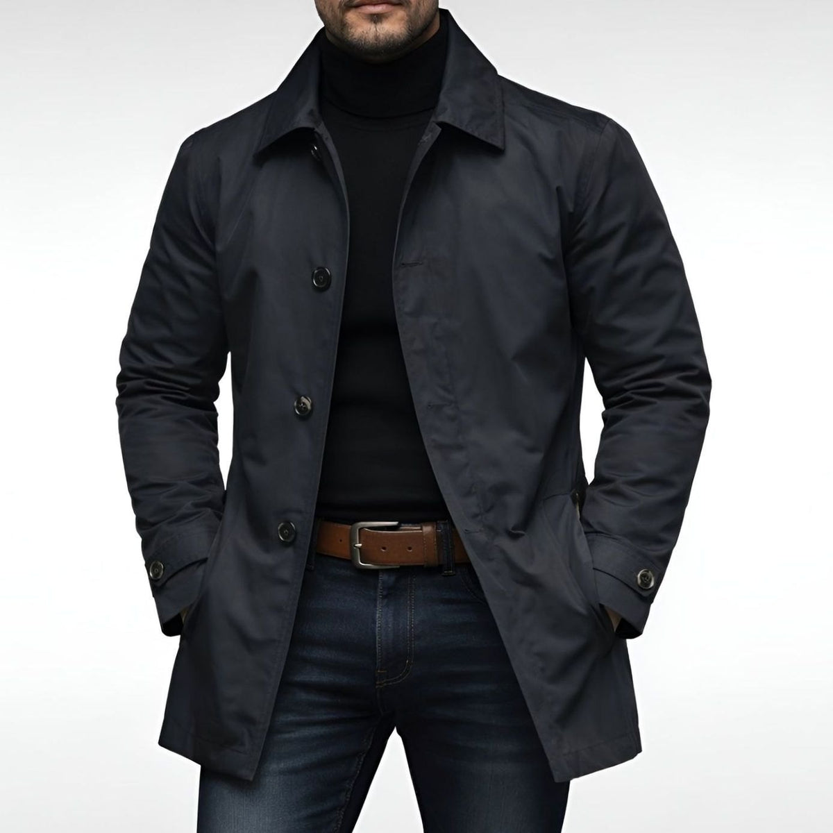 Men's Relaxed-Fit Longline Button-Front Coat - Black