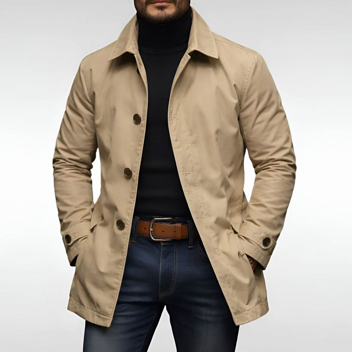 Men's Relaxed-Fit Longline Button-Front Coat - Beige