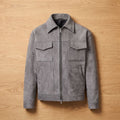 Men's Relaxed-Fit Zip-Up Notch-Lapel Longline Suede Jacket - Gray
