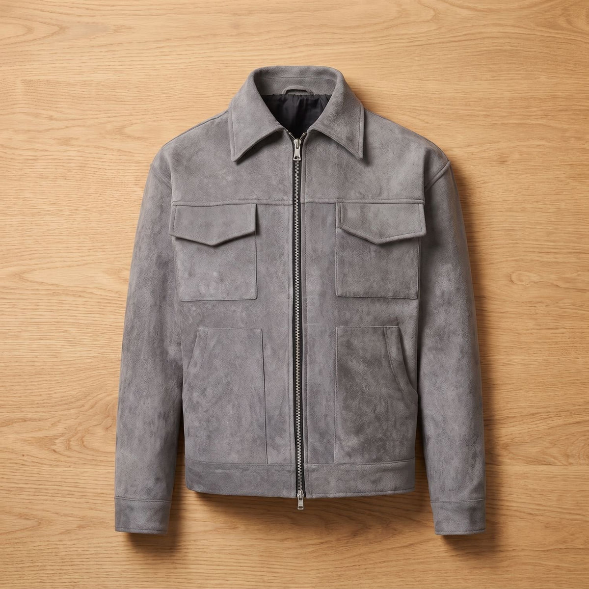 Men's Relaxed-Fit Zip-Up Notch-Lapel Longline Suede Jacket - Gray