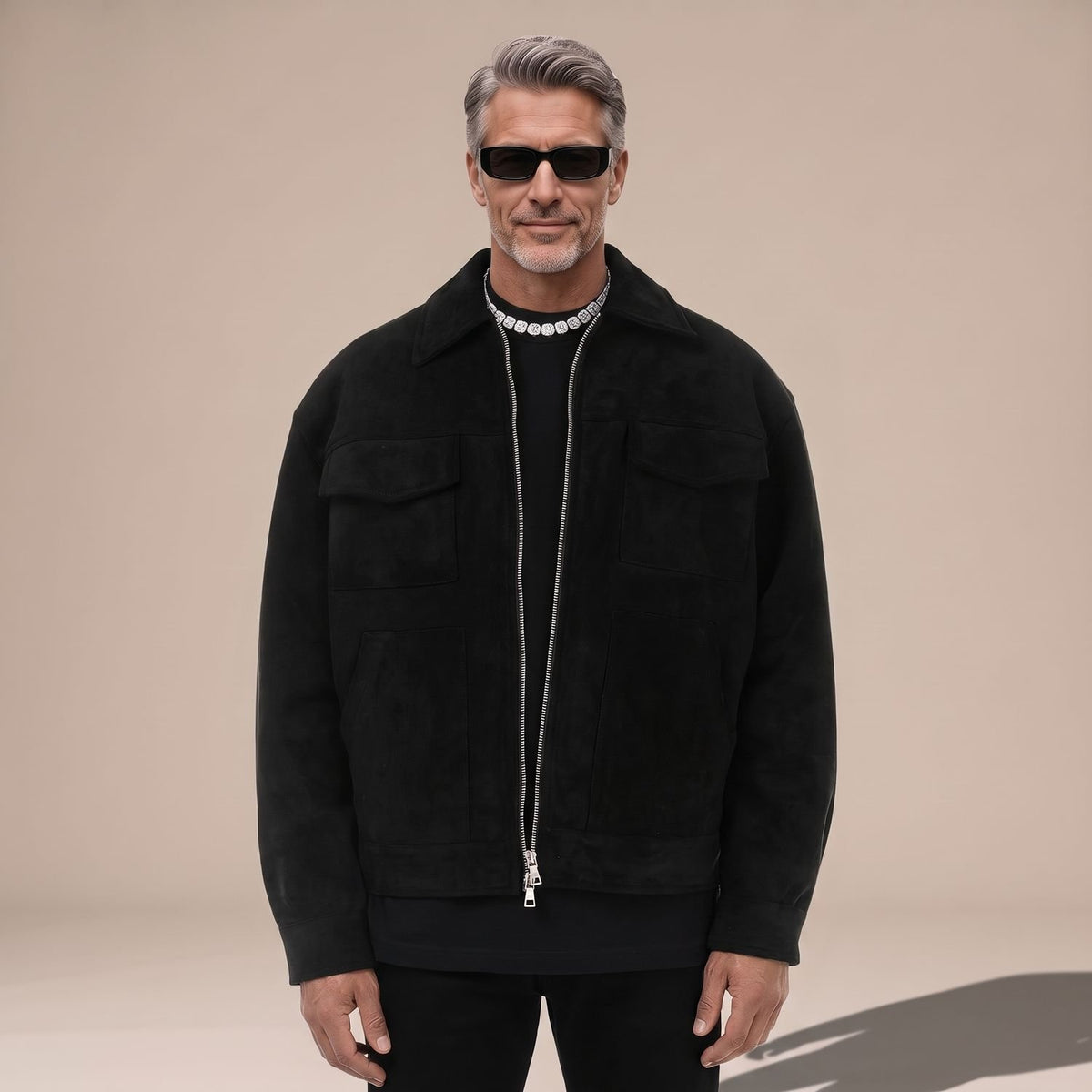 Men's Relaxed-Fit Zip-Up Notch-Lapel Longline Suede Jacket