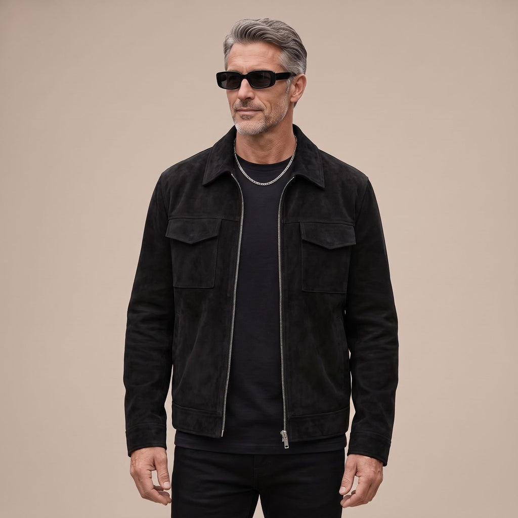 Men's Relaxed-Fit Zip-Up Notch-Lapel Longline Suede Jacket