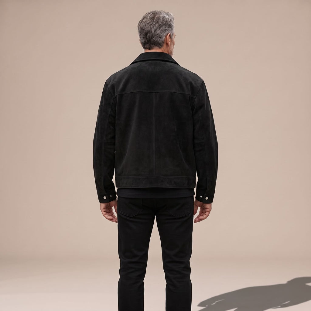 Men's Relaxed-Fit Zip-Up Notch-Lapel Longline Suede Jacket