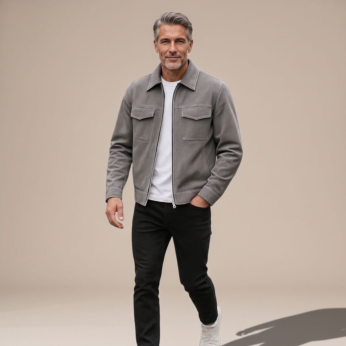 Men's Relaxed-Fit Zip-Up Notch-Lapel Longline Suede Jacket