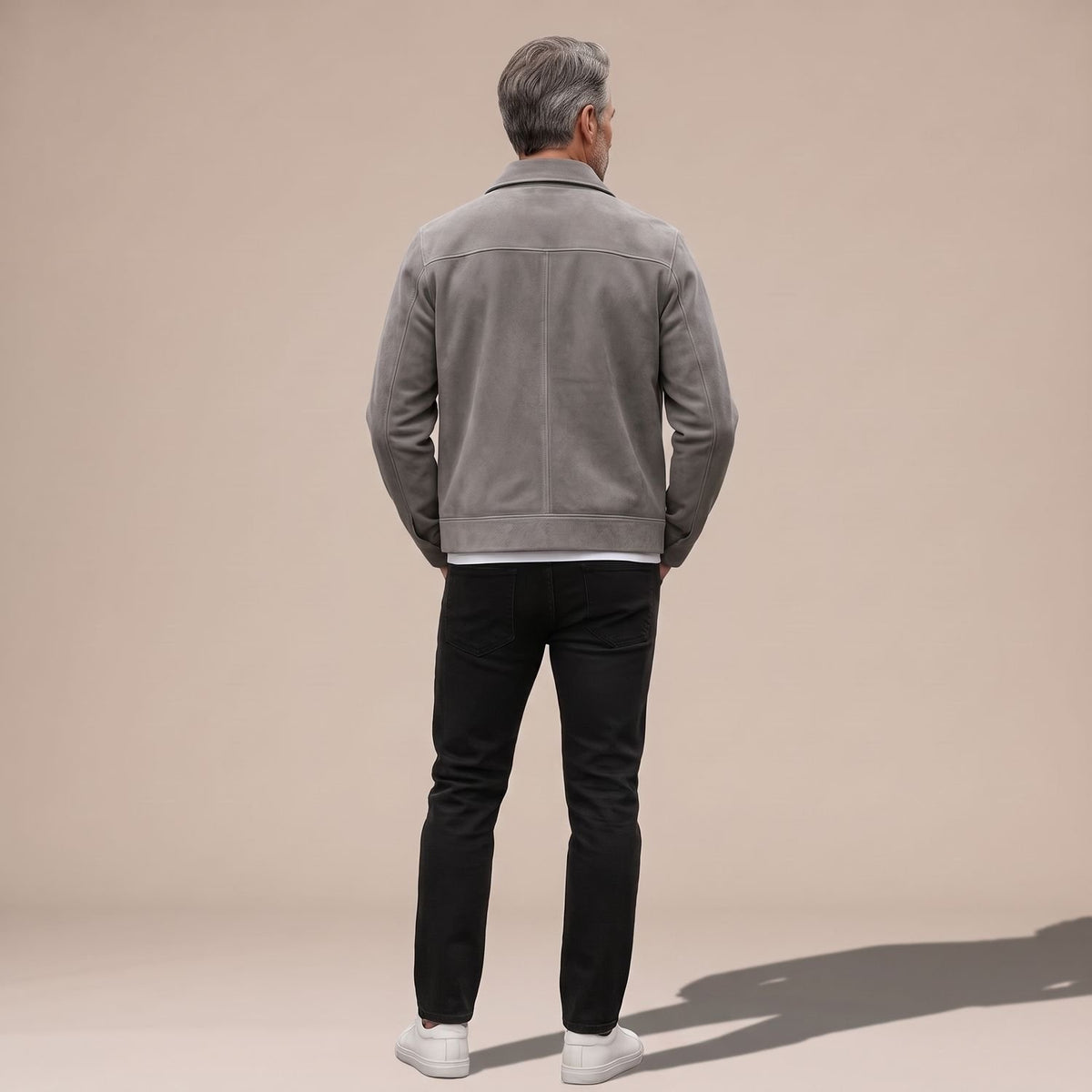 Men's Relaxed-Fit Zip-Up Notch-Lapel Longline Suede Jacket