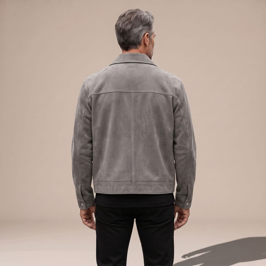 Men's Relaxed-Fit Zip-Up Notch-Lapel Longline Suede Jacket