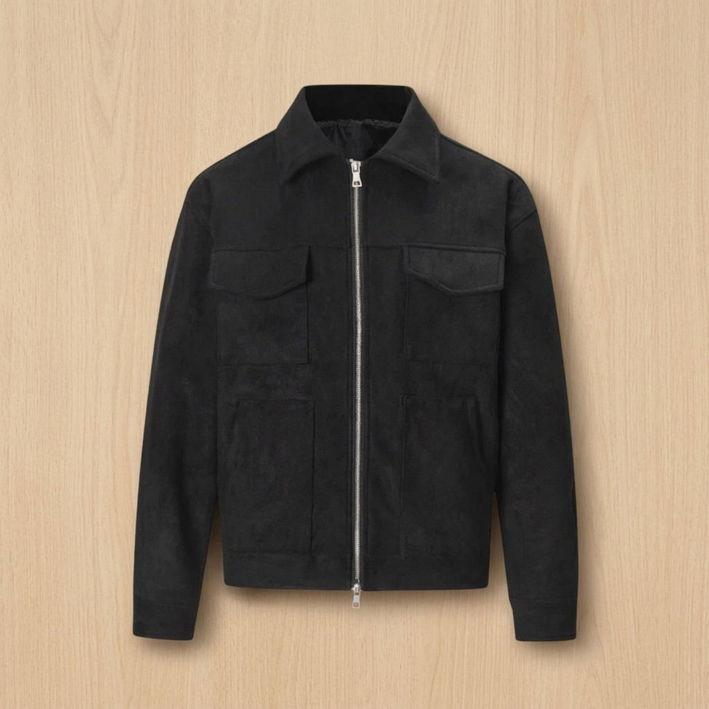 Men's Relaxed-Fit Zip-Up Notch-Lapel Longline Suede Jacket - Black