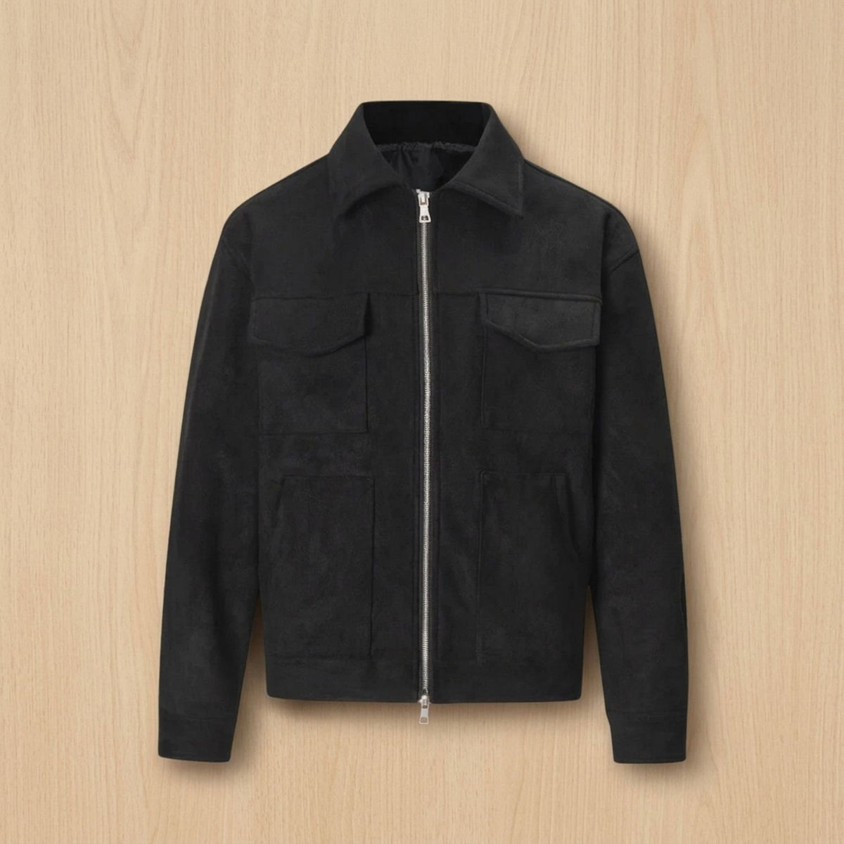 Men's Relaxed-Fit Zip-Up Notch-Lapel Longline Suede Jacket - Black