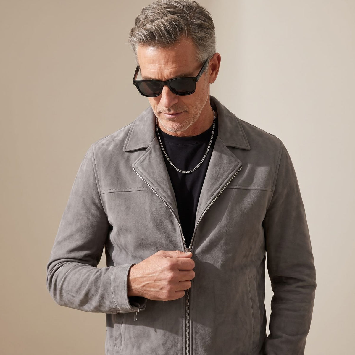 Men's Relaxed-Fit Zip-Up Notch-Lapel Longline Suede Jacket