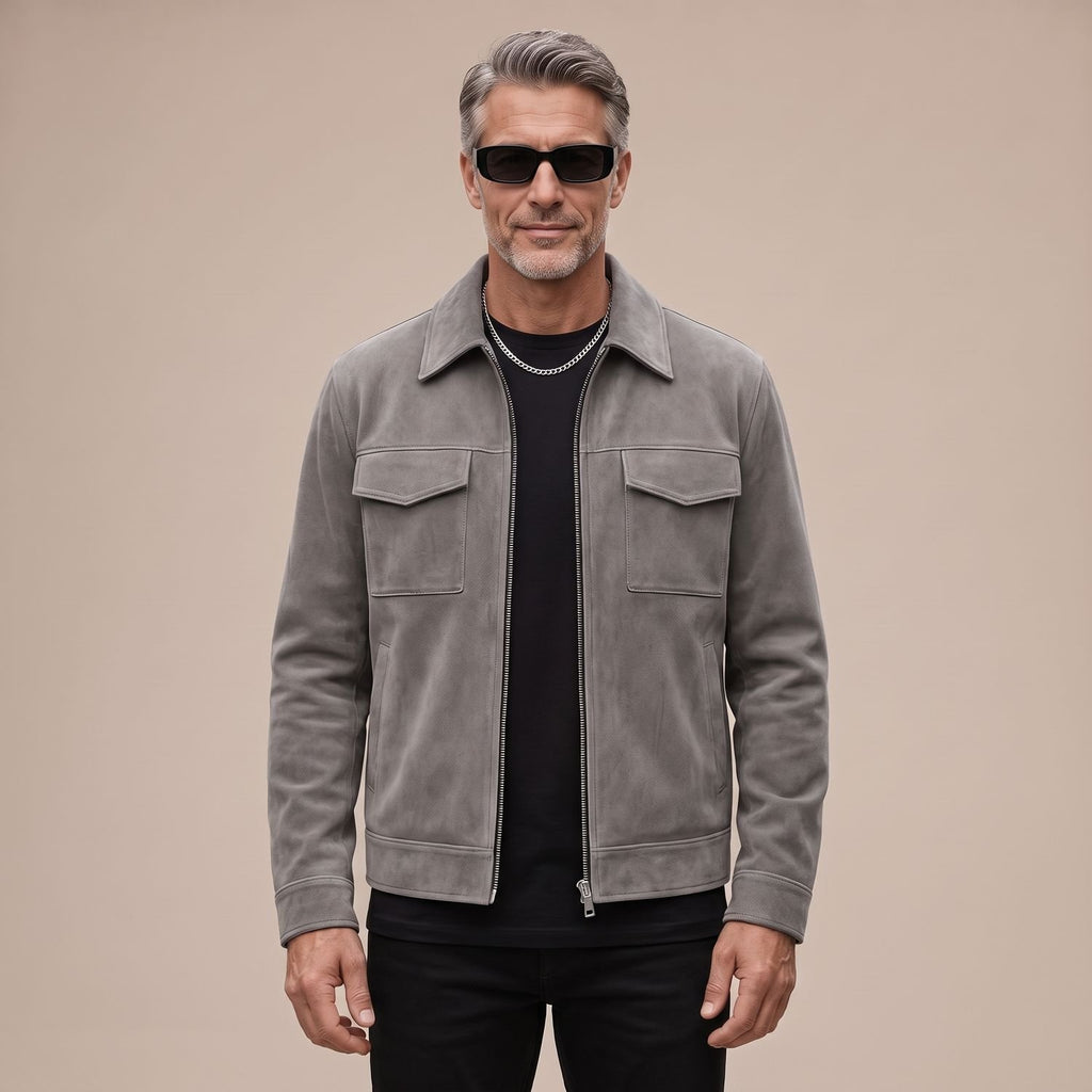 Men's Relaxed-Fit Zip-Up Notch-Lapel Longline Suede Jacket