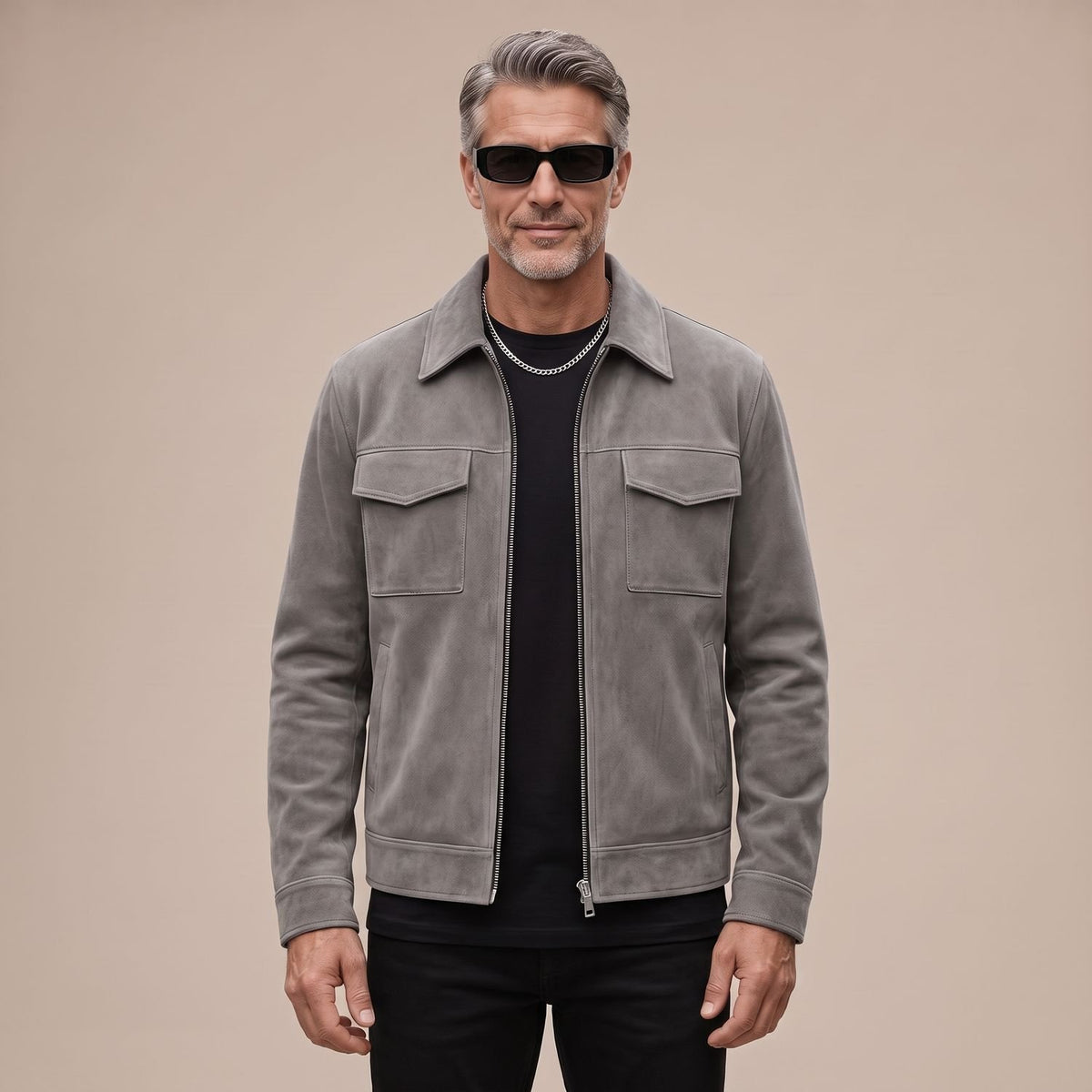 Men's Relaxed-Fit Zip-Up Notch-Lapel Longline Suede Jacket